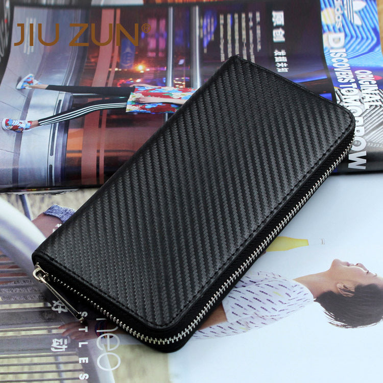 Cross-border exclusive for new straw mat pattern ultra-fiber leather long men's wallet carbon fiber women's handbag OEM custom