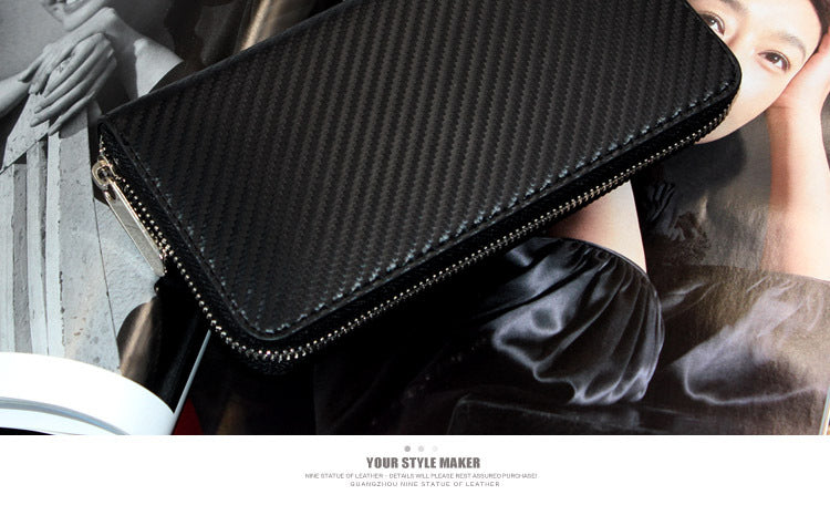 Cross-border exclusive for new straw mat pattern ultra-fiber leather long men's wallet carbon fiber women's handbag OEM custom
