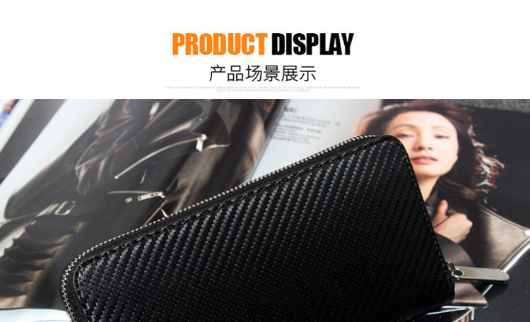 Cross-border exclusive for new straw mat pattern ultra-fiber leather long men's wallet carbon fiber women's handbag OEM custom