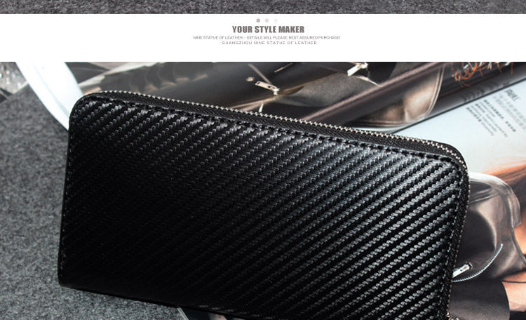 Cross-border exclusive for new straw mat pattern ultra-fiber leather long men's wallet carbon fiber women's handbag OEM custom