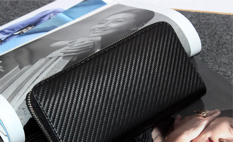 Cross-border exclusive for new straw mat pattern ultra-fiber leather long men's wallet carbon fiber women's handbag OEM custom