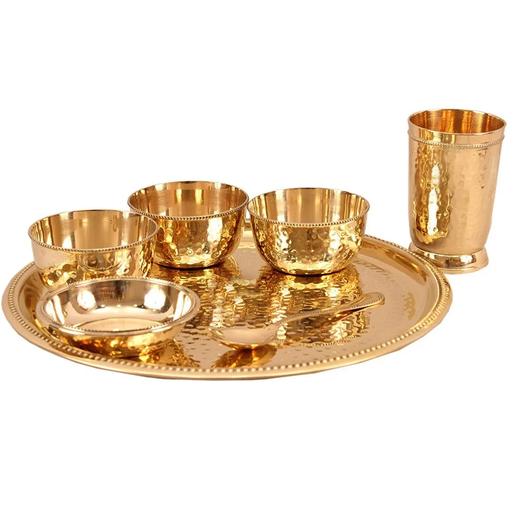 7 Piece Designer Brass Dinner Set Thali Set - 1 Plate, 3 Bowls, 1 Chuttney Bowl & 1 Glass - Dinnerware Tableware Gift item