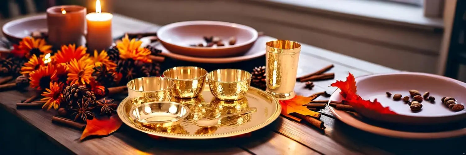 7 Piece Designer Brass Dinner Set Thali Set - 1 Plate, 3 Bowls, 1 Chuttney Bowl & 1 Glass - Dinnerware Tableware Gift item