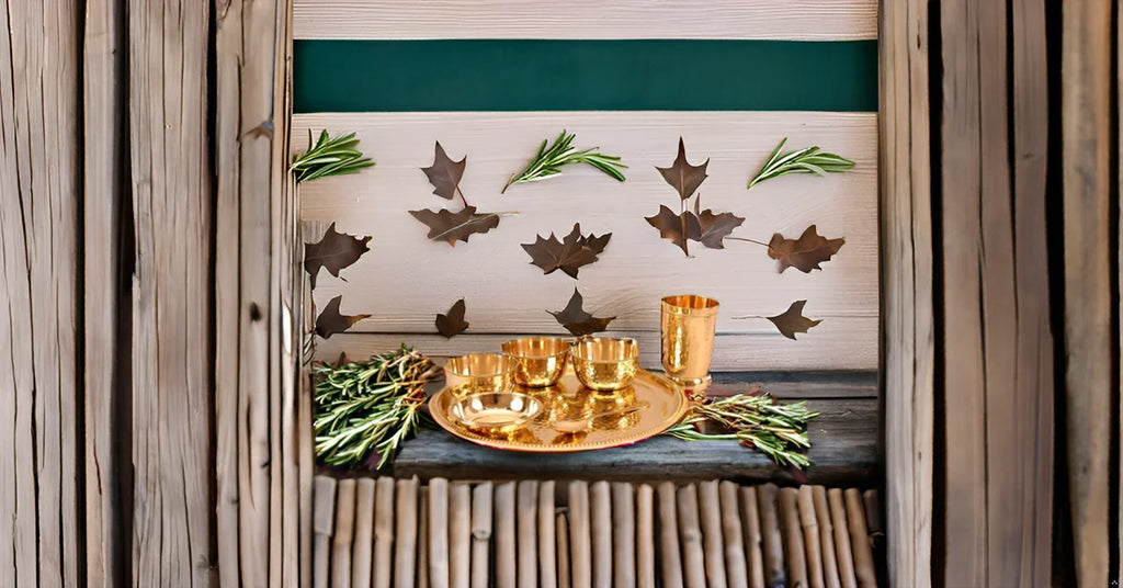 7 Piece Designer Brass Dinner Set Thali Set - 1 Plate, 3 Bowls, 1 Chuttney Bowl & 1 Glass - Dinnerware Tableware Gift item