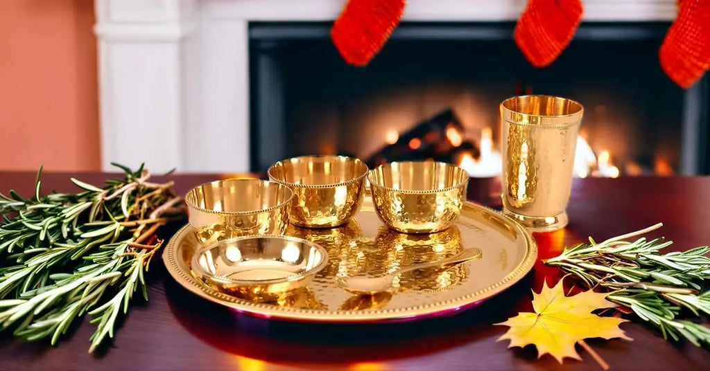 7 Piece Designer Brass Dinner Set Thali Set - 1 Plate, 3 Bowls, 1 Chuttney Bowl & 1 Glass - Dinnerware Tableware Gift item