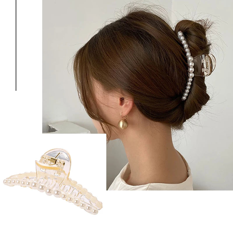 Elegant Imitation Pearl Hairpins Korean Geometric Hair Claws for Women Shark Clip Back Head Hair Clip Barrettes Hair Accessories