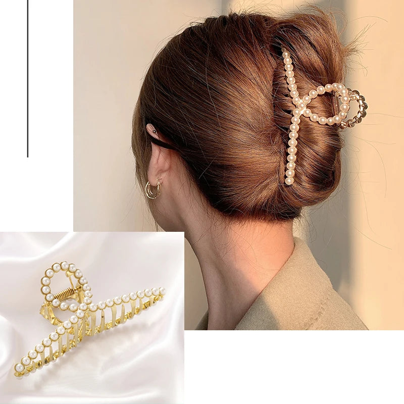 Elegant Imitation Pearl Hairpins Korean Geometric Hair Claws for Women Shark Clip Back Head Hair Clip Barrettes Hair Accessories