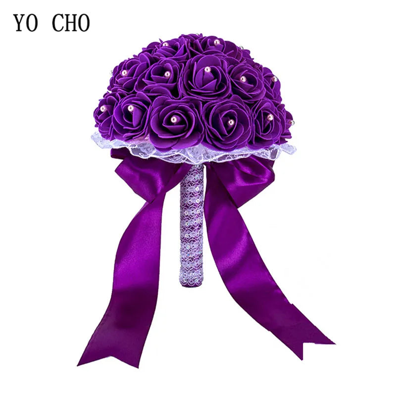 YO CHO Royal Blue Color Wedding Bridal Bouquet Artificial Flowers Blue Wedding Bouquet for Bridesmaids
