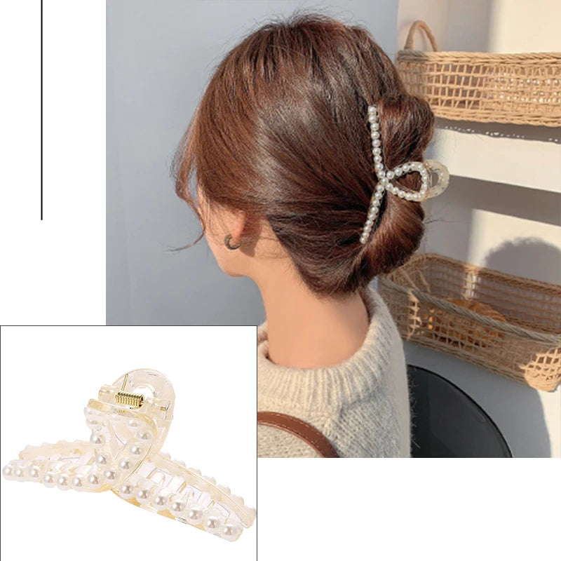 Elegant Imitation Pearl Hairpins Korean Geometric Hair Claws for Women Shark Clip Back Head Hair Clip Barrettes Hair Accessories