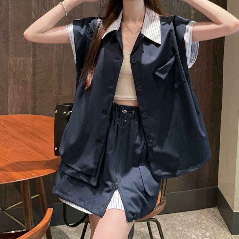 Spliced Contrasting Color Sleeveless Vest Shirt Top Women's Summer Suit Workwear Casual A-Line Skirt Two-Piece Set