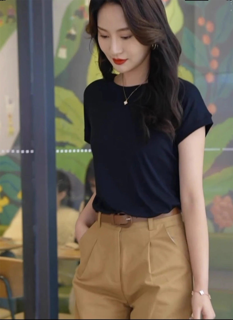 Tiktok batwing sleeve t-shirt women's round neck summer solid color simple small flying sleeve casual all-match loose short sleeve t-shirt women