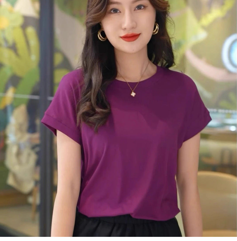Tiktok batwing sleeve t-shirt women's round neck summer solid color simple small flying sleeve casual all-match loose short sleeve t-shirt women