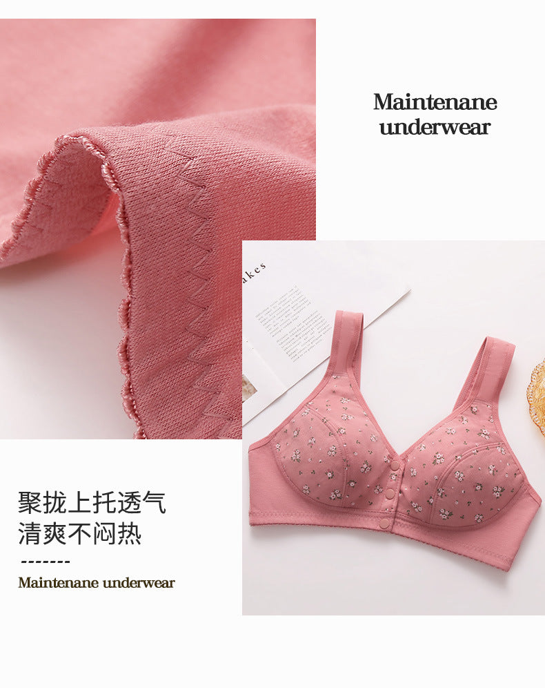 Front Button Middle-Aged and Elderly Large Size Push-Up Bra Thin Underwear Women's Soft Cotton Printed Wire-Free Vest Style Underwear