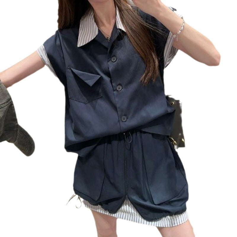 Spliced Contrasting Color Sleeveless Vest Shirt Top Women's Summer Suit Workwear Casual A-Line Skirt Two-Piece Set