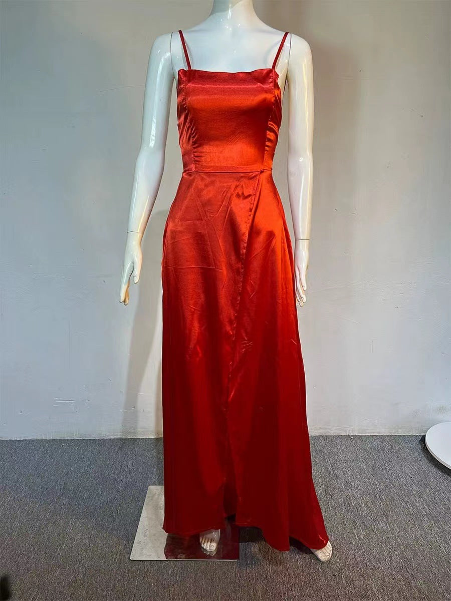 2023 Amazon European and American cross-border new bridesmaid dress long dress small tail strap solid color banquet evening dress