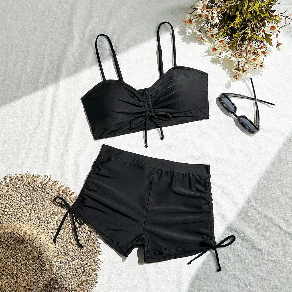 2025 European and American New Pure Color Split Conservative Boxer Briefs Chest Mid-Pants Side Drawstring Swimsuit Swimsuit Cross-Border Temu