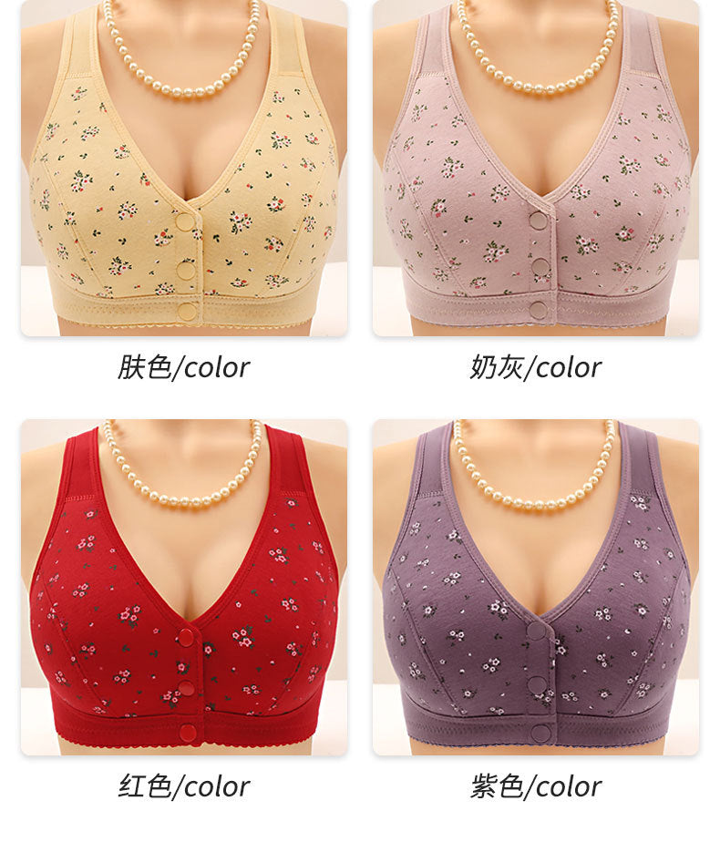 Front Button Middle-Aged and Elderly Large Size Push-Up Bra Thin Underwear Women's Soft Cotton Printed Wire-Free Vest Style Underwear