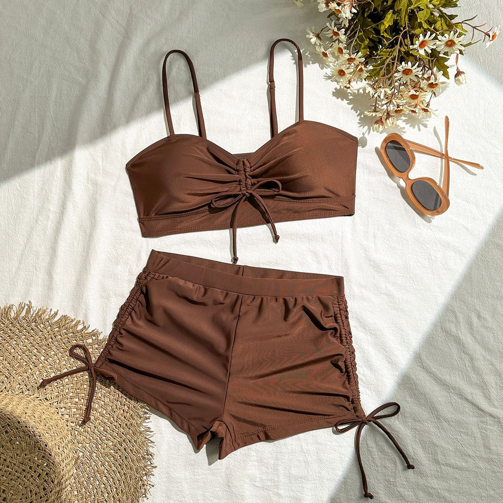 2025 European and American New Pure Color Split Conservative Boxer Briefs Chest Mid-Pants Side Drawstring Swimsuit Swimsuit Cross-Border Temu