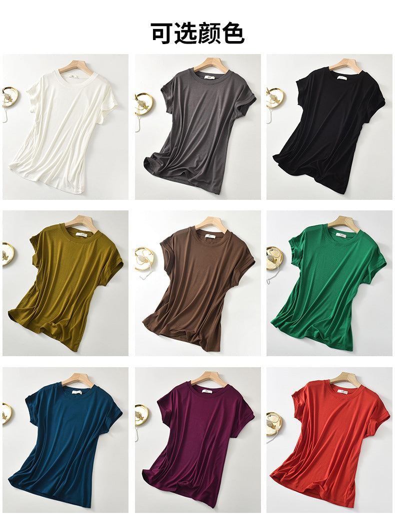 Tiktok batwing sleeve t-shirt women's round neck summer solid color simple small flying sleeve casual all-match loose short sleeve t-shirt women