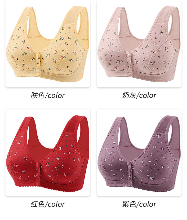 Front Button Middle-Aged and Elderly Large Size Push-Up Bra Thin Underwear Women's Soft Cotton Printed Wire-Free Vest Style Underwear