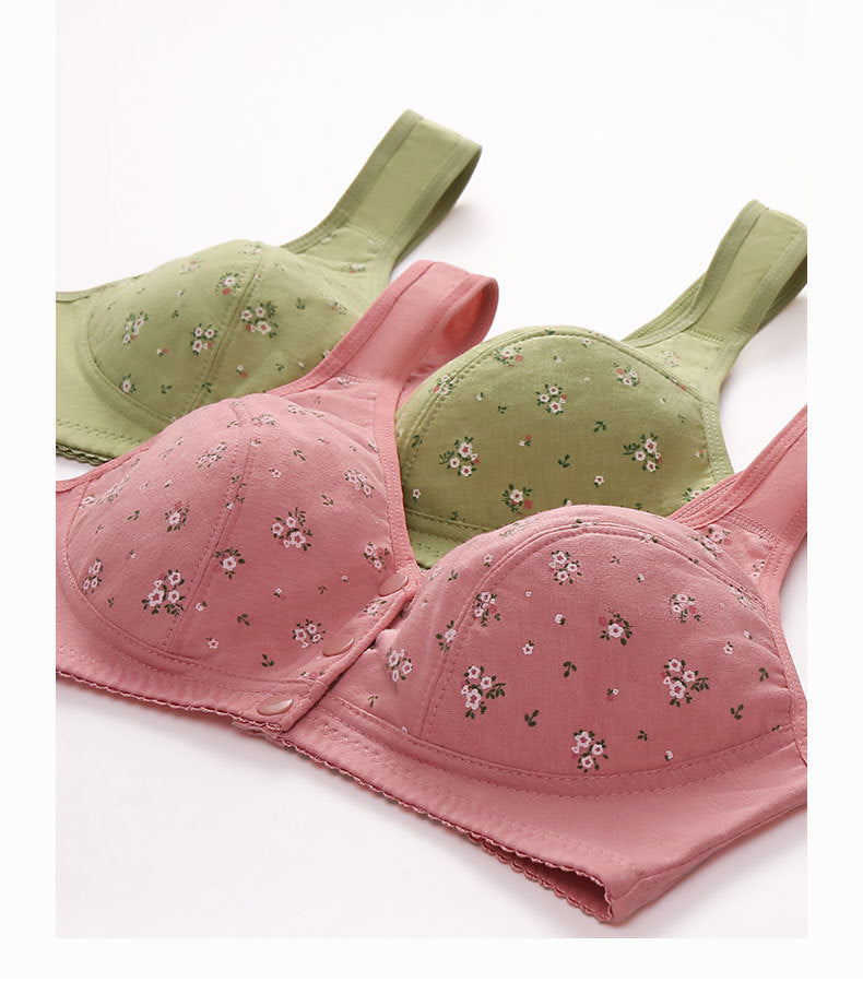 Front Button Middle-Aged and Elderly Large Size Push-Up Bra Thin Underwear Women's Soft Cotton Printed Wire-Free Vest Style Underwear