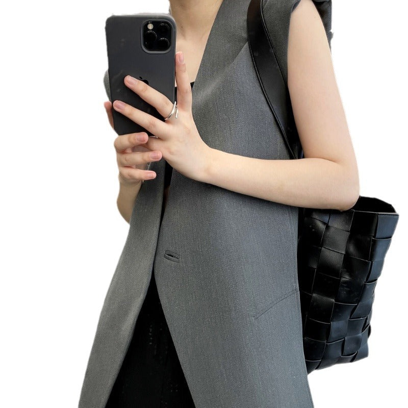 2026 Summer New Design Collarless Vest Suit for Women, Korean Style Loose Mid-Length Sleeveless Jacket