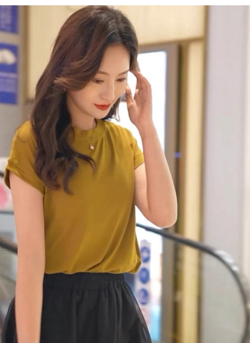 Tiktok batwing sleeve t-shirt women's round neck summer solid color simple small flying sleeve casual all-match loose short sleeve t-shirt women