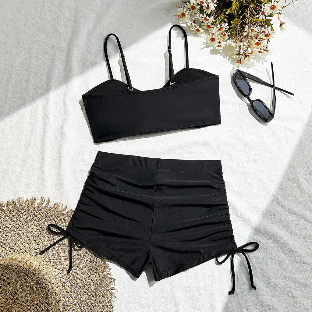2025 European and American New Pure Color Split Conservative Boxer Briefs Chest Mid-Pants Side Drawstring Swimsuit Swimsuit Cross-Border Temu