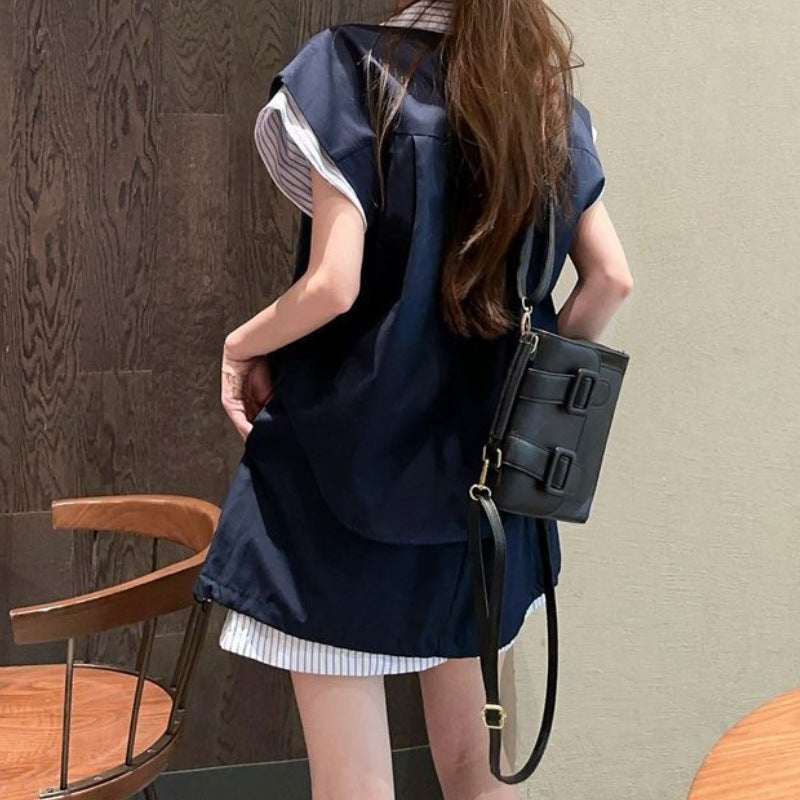 Spliced Contrasting Color Sleeveless Vest Shirt Top Women's Summer Suit Workwear Casual A-Line Skirt Two-Piece Set