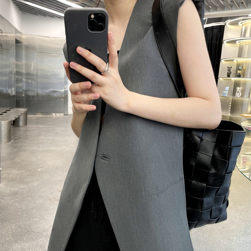 2026 Summer New Design Collarless Vest Suit for Women, Korean Style Loose Mid-Length Sleeveless Jacket