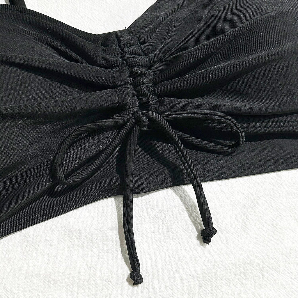 2025 European and American New Pure Color Split Conservative Boxer Briefs Chest Mid-Pants Side Drawstring Swimsuit Swimsuit Cross-Border Temu