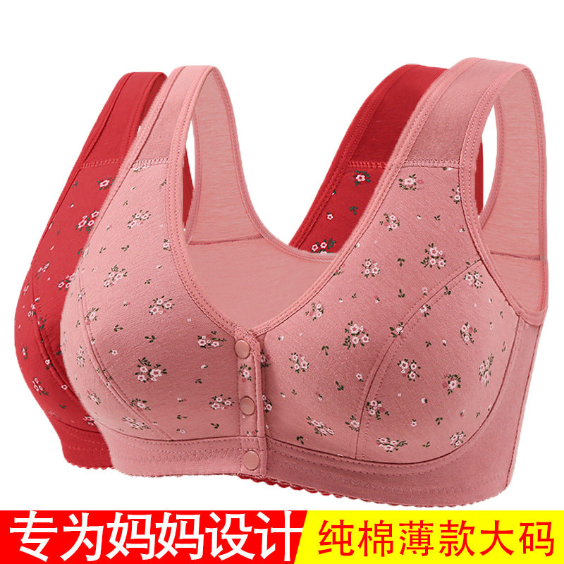 Front Button Middle-Aged and Elderly Large Size Push-Up Bra Thin Underwear Women's Soft Cotton Printed Wire-Free Vest Style Underwear