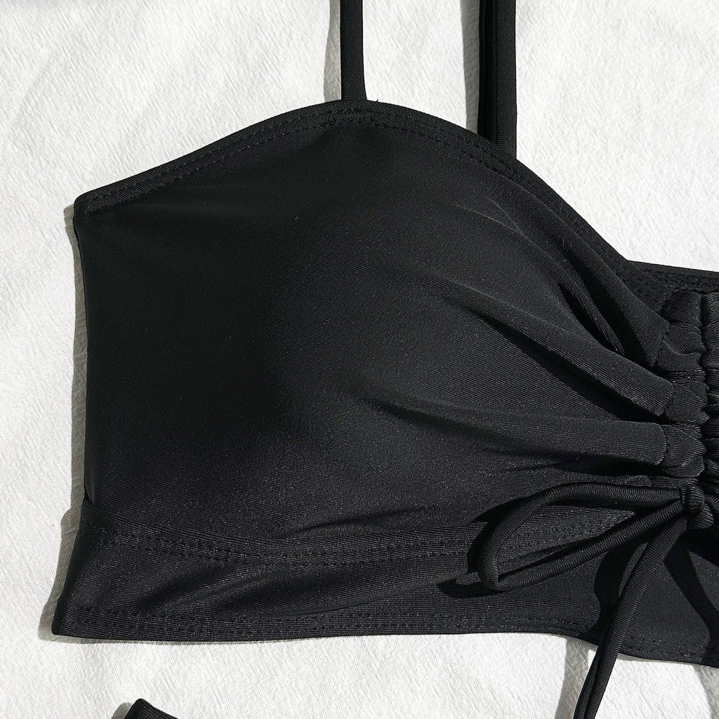2025 European and American New Pure Color Split Conservative Boxer Briefs Chest Mid-Pants Side Drawstring Swimsuit Swimsuit Cross-Border Temu