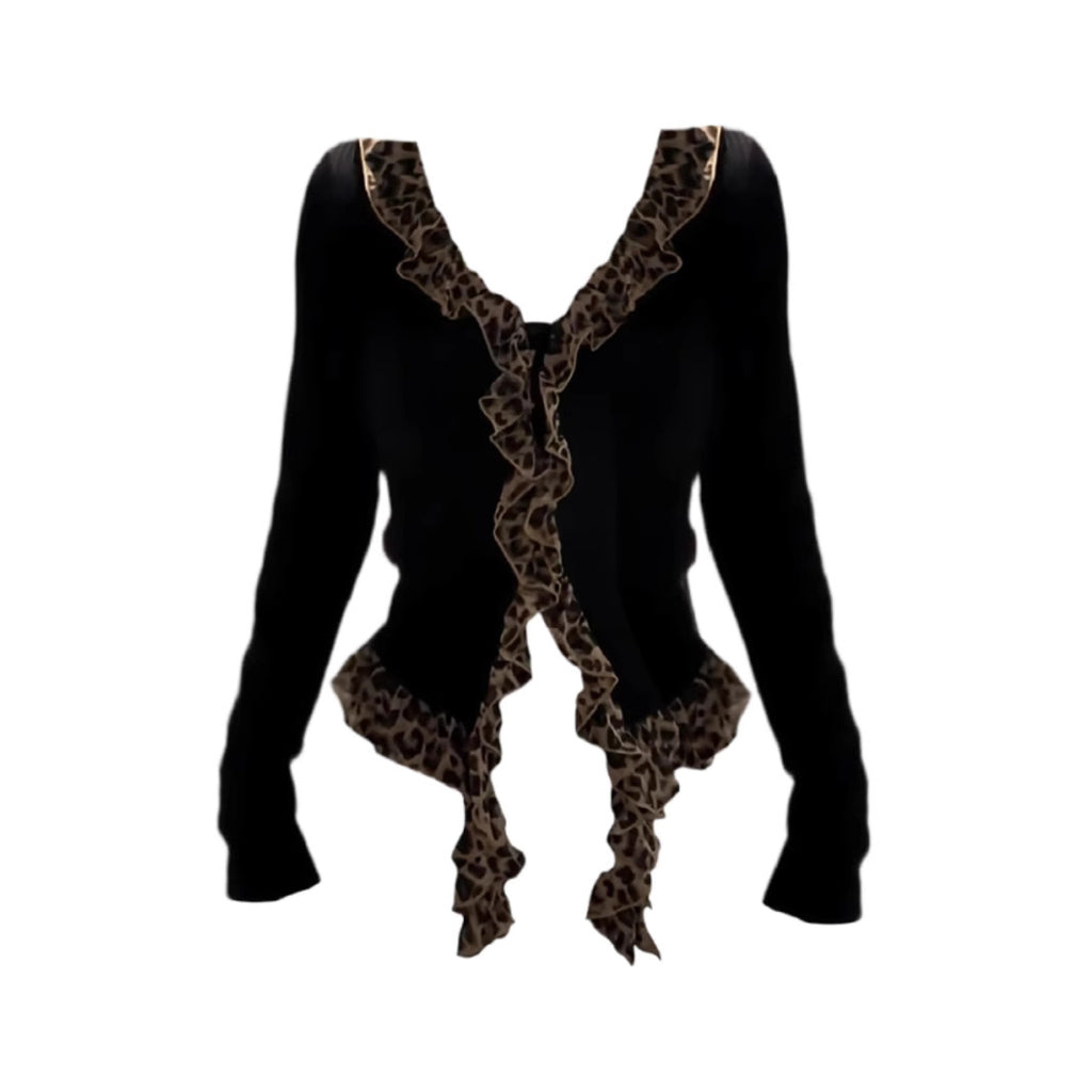 Cross-border American Leopard Print Stitching Long-sleeved T-shirt Women's Spring and Autumn New Slim-fit Slimming High-end Pure Desire Top for Women