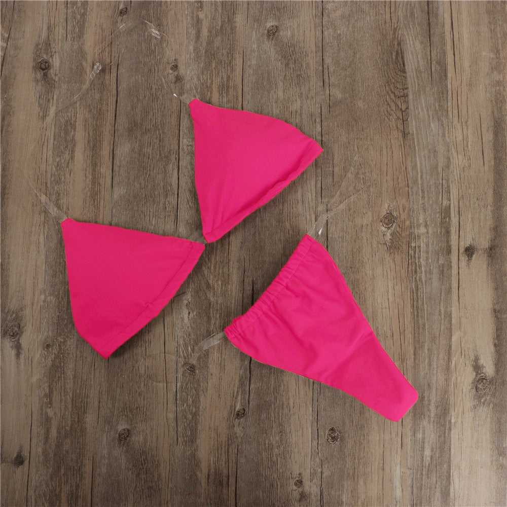 Spot wholesale Bikini Europe and the United States cross-border solid color women's swimsuit three-point transparent shoulder strap gathered swimsuit Bikini