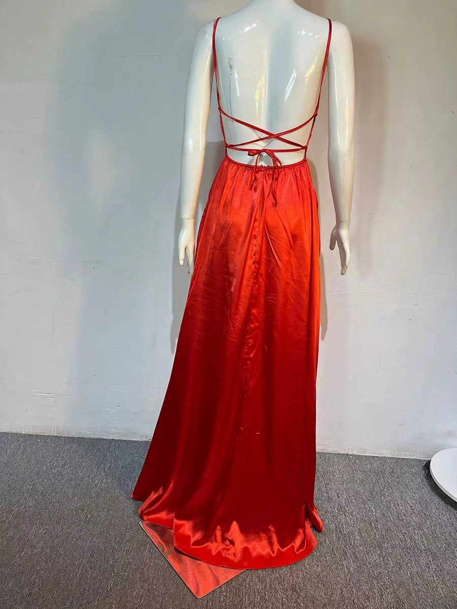 2023 Amazon European and American cross-border new bridesmaid dress long dress small tail strap solid color banquet evening dress