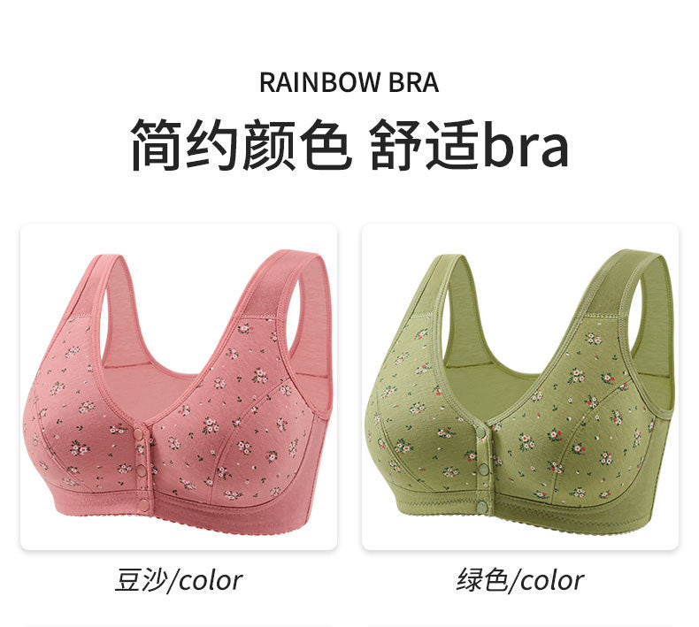 Front Button Middle-Aged and Elderly Large Size Push-Up Bra Thin Underwear Women's Soft Cotton Printed Wire-Free Vest Style Underwear