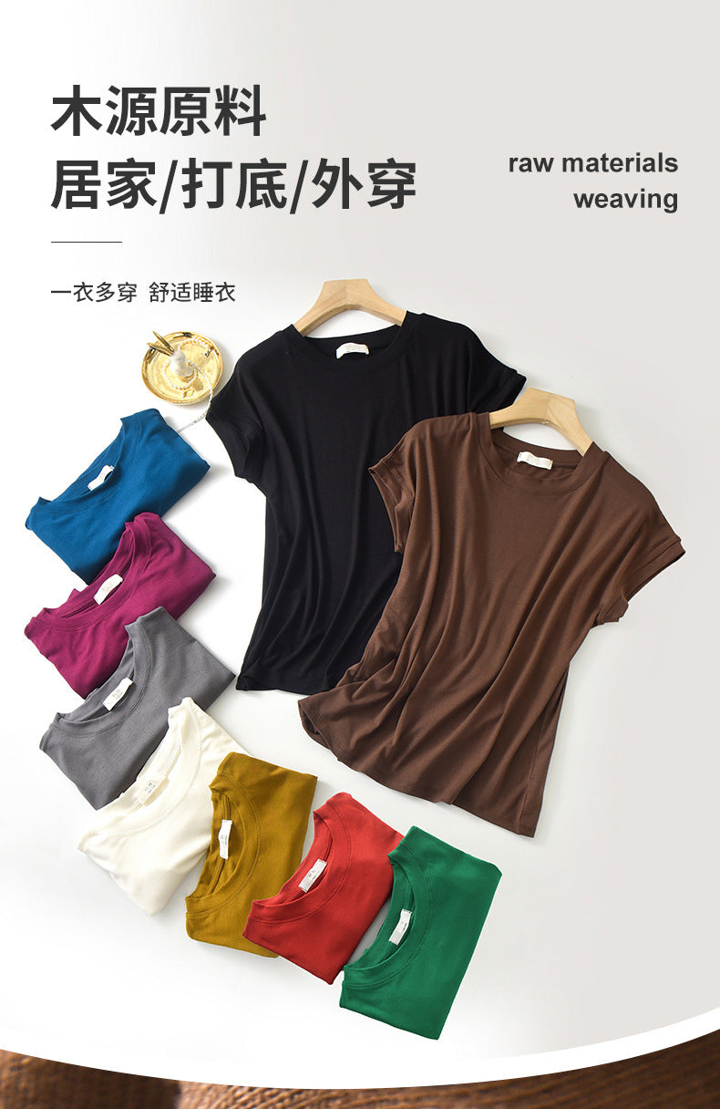 Tiktok batwing sleeve t-shirt women's round neck summer solid color simple small flying sleeve casual all-match loose short sleeve t-shirt women