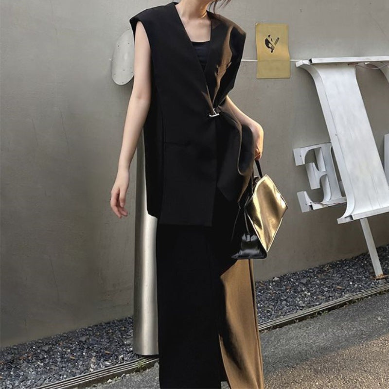 2026 Summer New Design Collarless Vest Suit for Women, Korean Style Loose Mid-Length Sleeveless Jacket