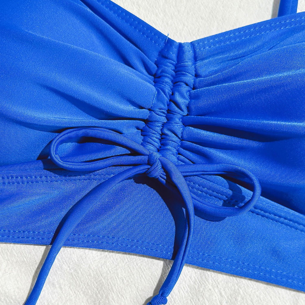 2025 European and American New Pure Color Split Conservative Boxer Briefs Chest Mid-Pants Side Drawstring Swimsuit Swimsuit Cross-Border Temu