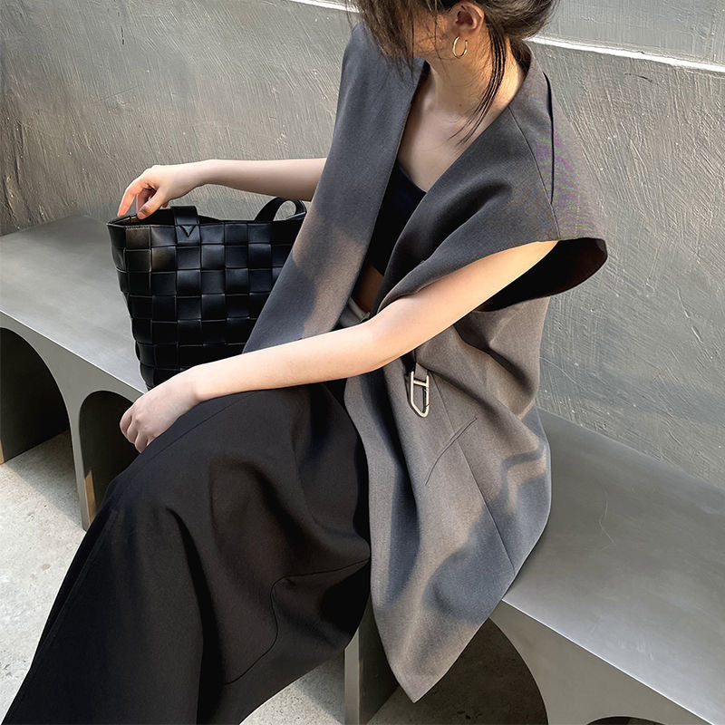 2026 Summer New Design Collarless Vest Suit for Women, Korean Style Loose Mid-Length Sleeveless Jacket
