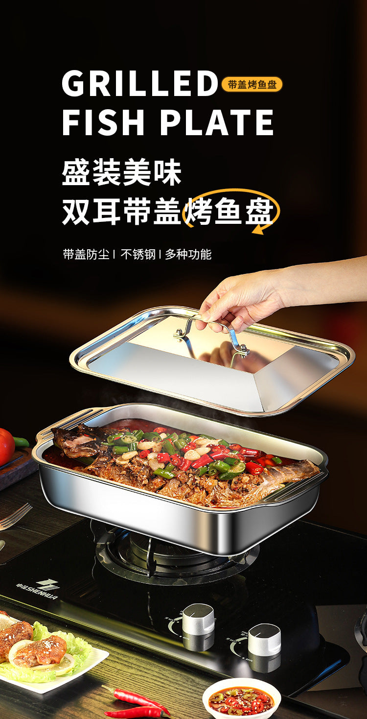 Popular Stainless Steel Grilled Fish Plate, Crayfish Plate, Rectangular Deep Plate, Barbecue Plate, Barbecue Grill, Electric Grill, Grilled Fish Plate