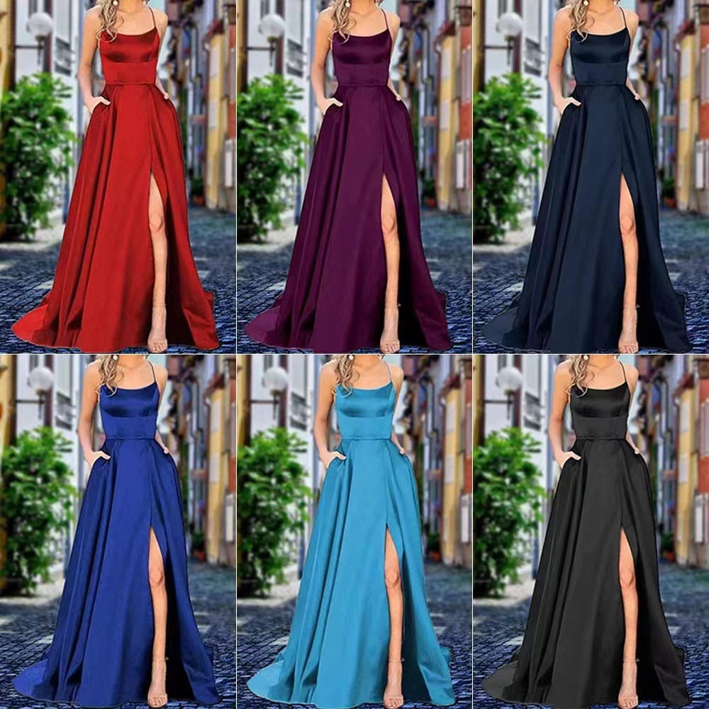 2023 Amazon European and American cross-border new bridesmaid dress long dress small tail strap solid color banquet evening dress