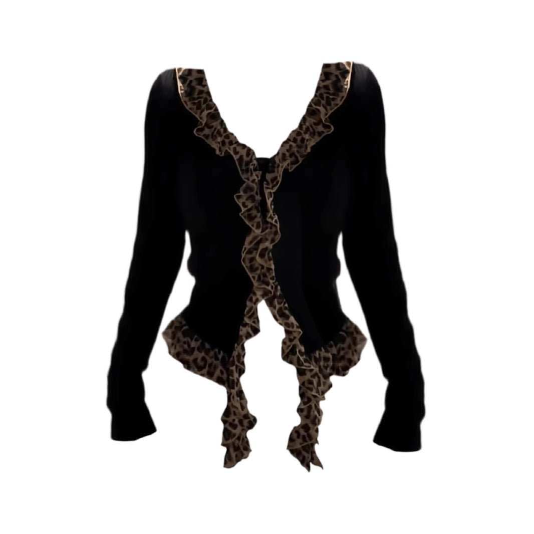 Cross-border American Leopard Print Stitching Long-sleeved T-shirt Women's Spring and Autumn New Slim-fit Slimming High-end Pure Desire Top for Women