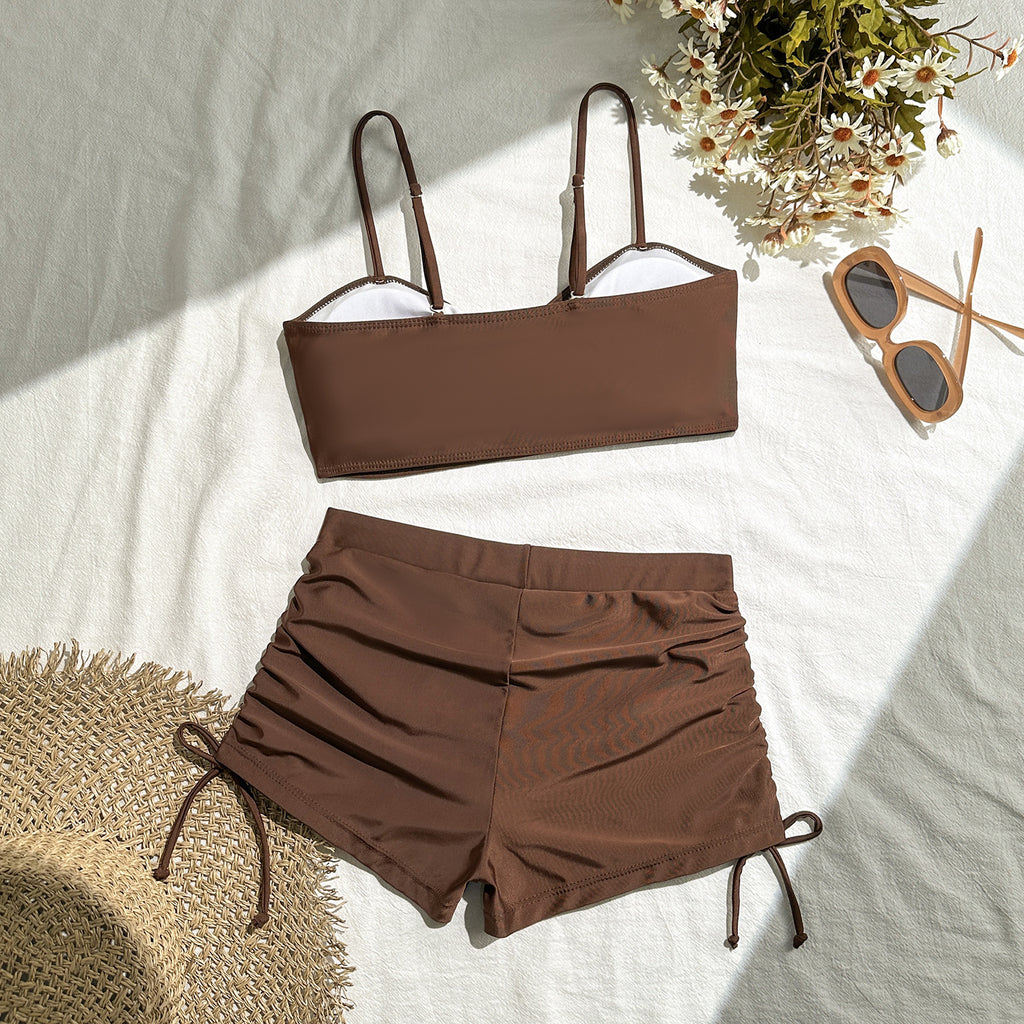 2025 European and American New Pure Color Split Conservative Boxer Briefs Chest Mid-Pants Side Drawstring Swimsuit Swimsuit Cross-Border Temu