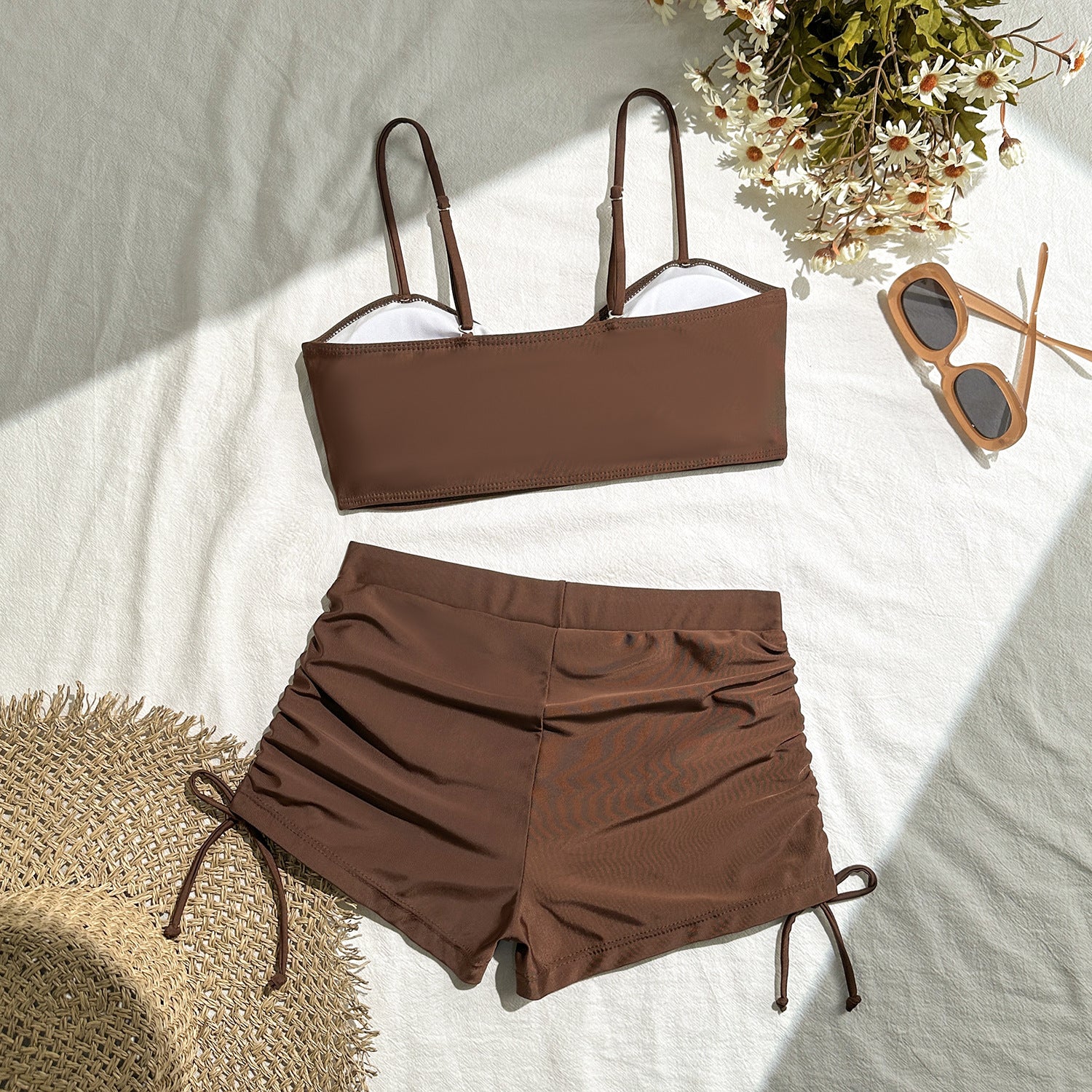 2025 European and American New Pure Color Split Conservative Boxer Briefs Chest Mid-Pants Side Drawstring Swimsuit Swimsuit Cross-Border Temu