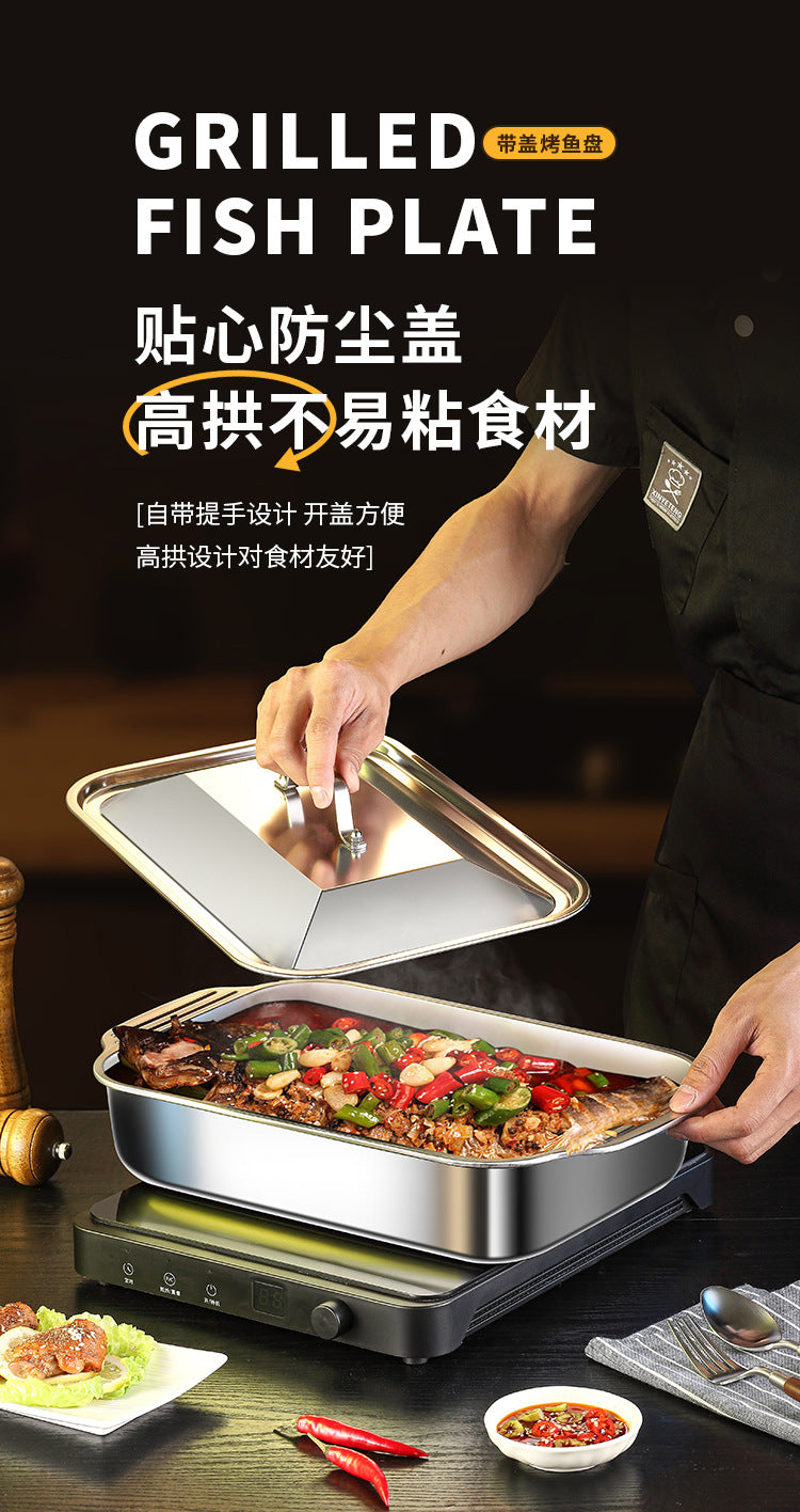 Popular Stainless Steel Grilled Fish Plate, Crayfish Plate, Rectangular Deep Plate, Barbecue Plate, Barbecue Grill, Electric Grill, Grilled Fish Plate