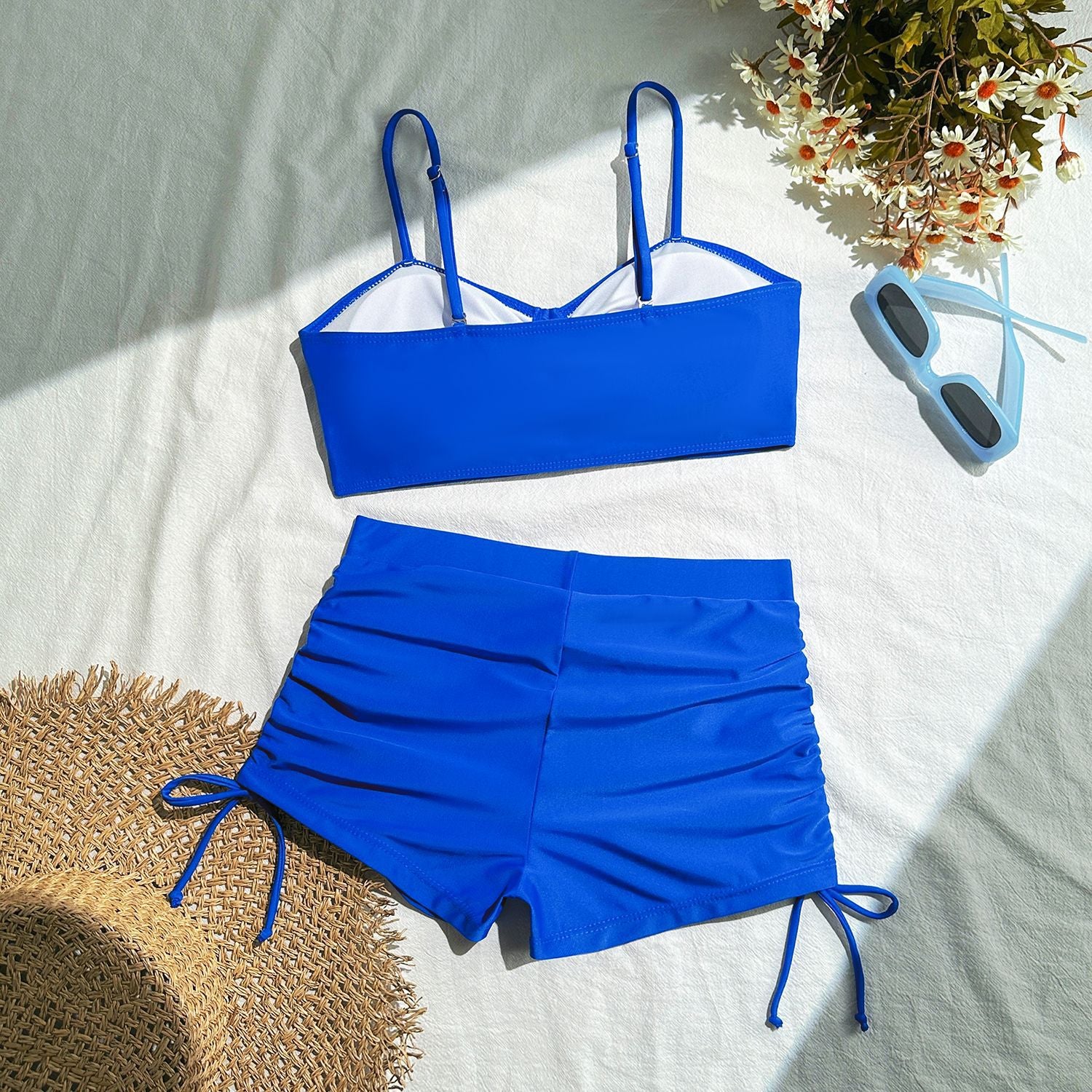 2025 European and American New Pure Color Split Conservative Boxer Briefs Chest Mid-Pants Side Drawstring Swimsuit Swimsuit Cross-Border Temu