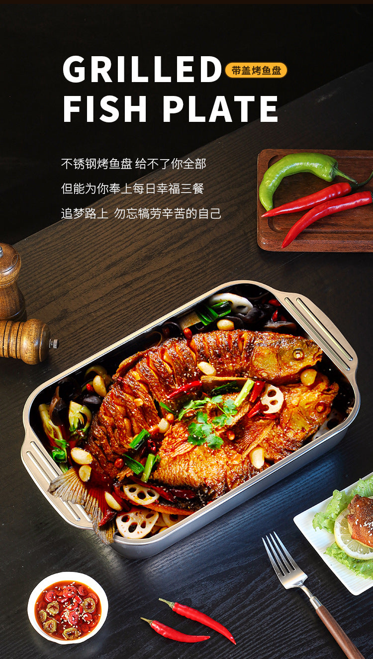 Popular Stainless Steel Grilled Fish Plate, Crayfish Plate, Rectangular Deep Plate, Barbecue Plate, Barbecue Grill, Electric Grill, Grilled Fish Plate