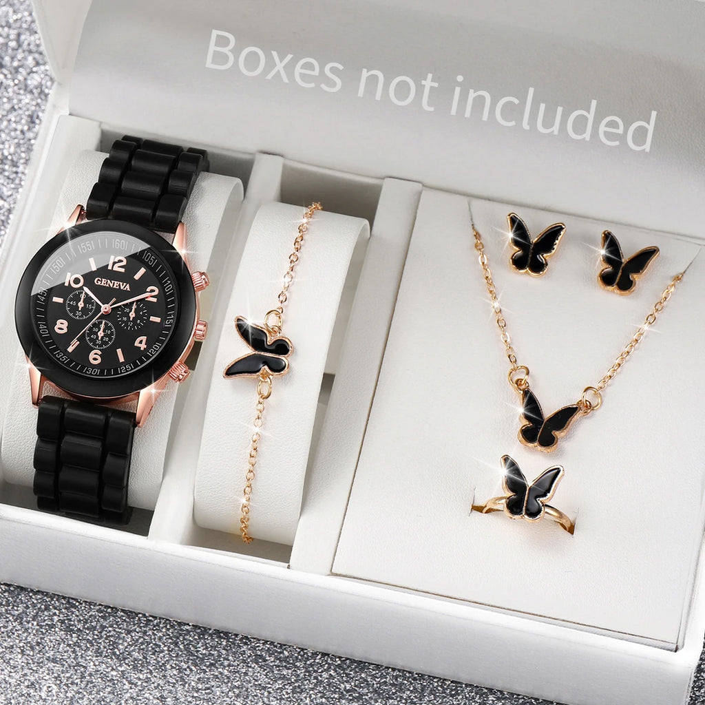5/6PCS Women Watches Fashion Arabic Dial Silicone Band Quartz Watch Reloj Mujer Girls Clock Gift Jewelry Set（Without Box）